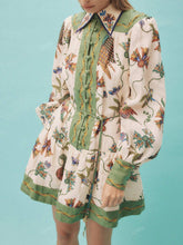 1pc Lantern Sleeve Print Lace-Up Waist Graphic Mini Dress With Single-Breasted Button